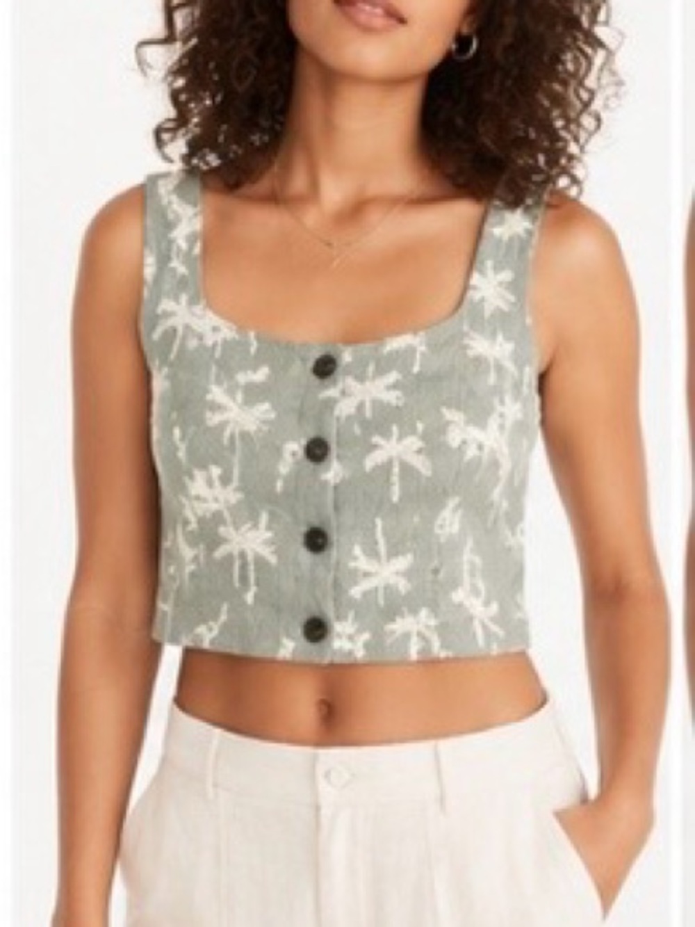 Madewell Light Sage Green Palm-Print Button Cro p Tank